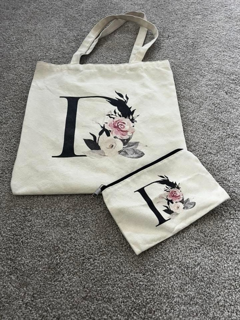 Initial D Floral Canvas Tote and Pouch Set - Cream with Pink Floral Accent
